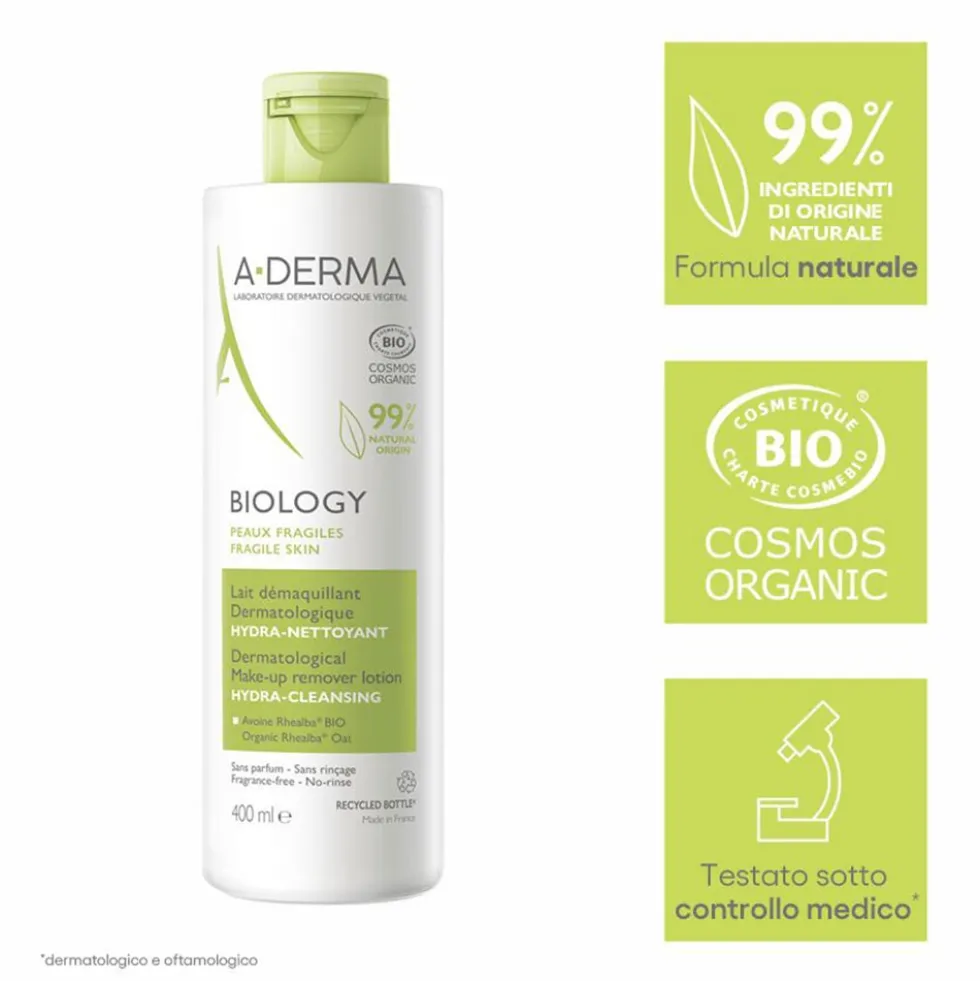 A-Derma Biology - Latte Micellare Struccante Dermatologico IdraDetergente, 400ml