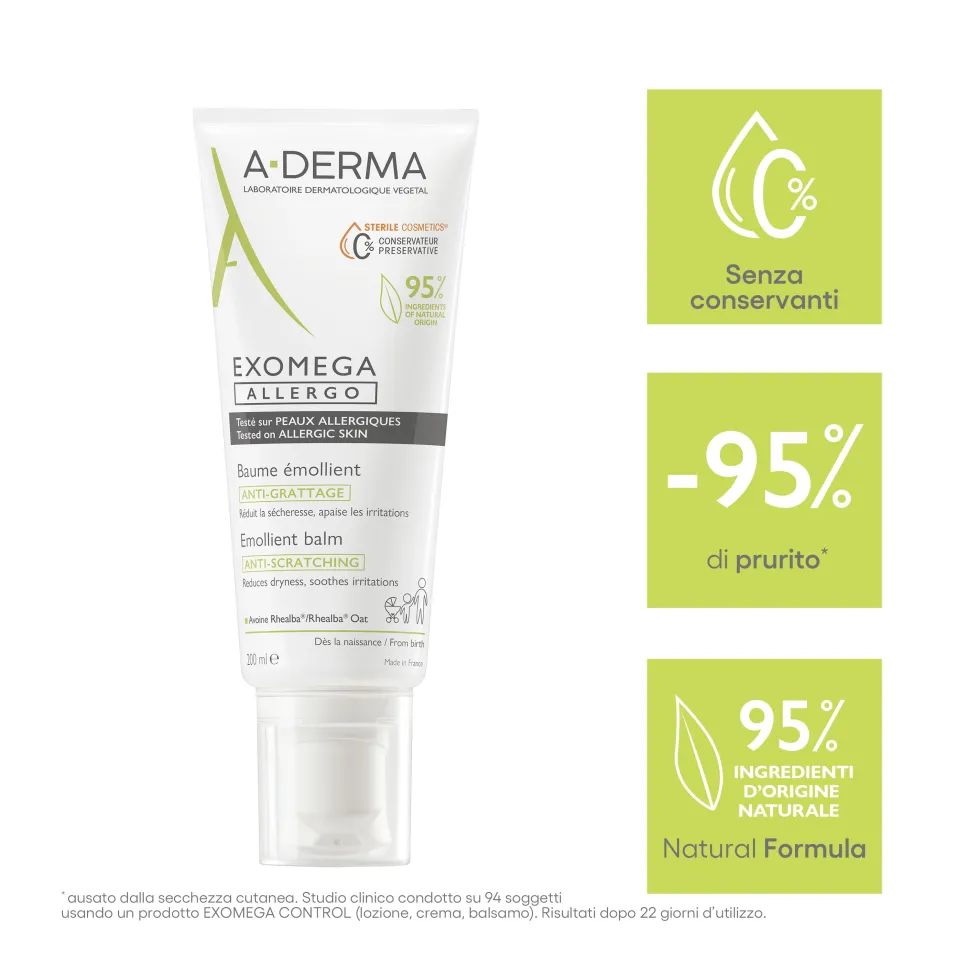 A-Derma Exomega - Allergo Balsamo Emolliente Cosmetico Sterile per Pelle Secca a Tendenza Atopica Pelle Allergica, 200ml