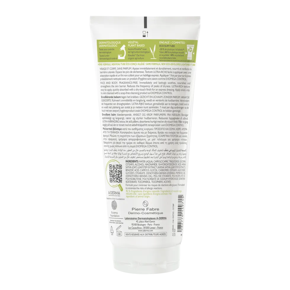A-Derma Exomega Control - Balsamo Emolliente Anti-Grattage per Pelle Secca a Tendenza Atopica Prurito, 200ml