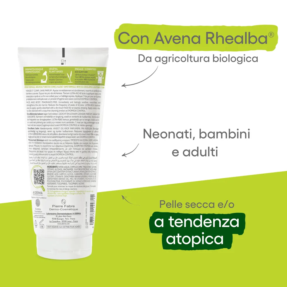 A-Derma Exomega Control - Balsamo Emolliente Anti-Grattage per Pelle Secca a Tendenza Atopica Prurito, 200ml