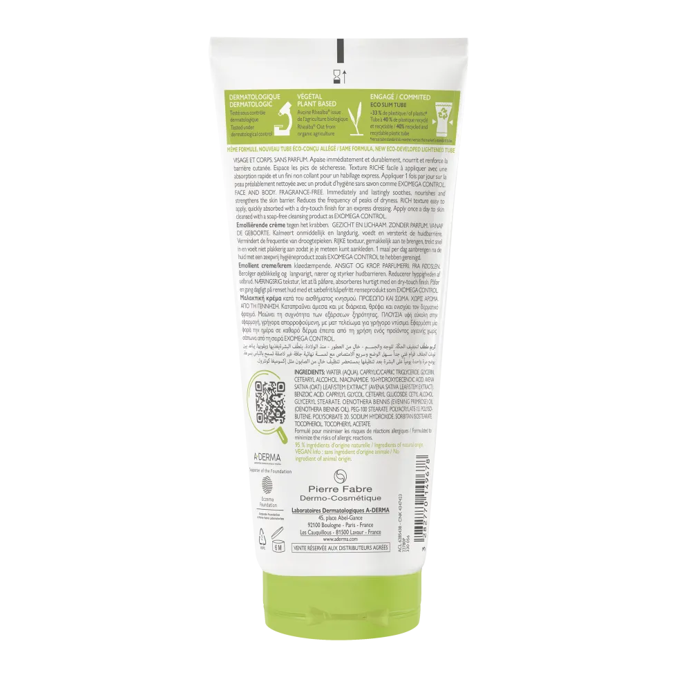 A-Derma Exomega Control - Crema Emolliente Anti-Grattage Pelle Secca e Atopica Prurito, 200ml