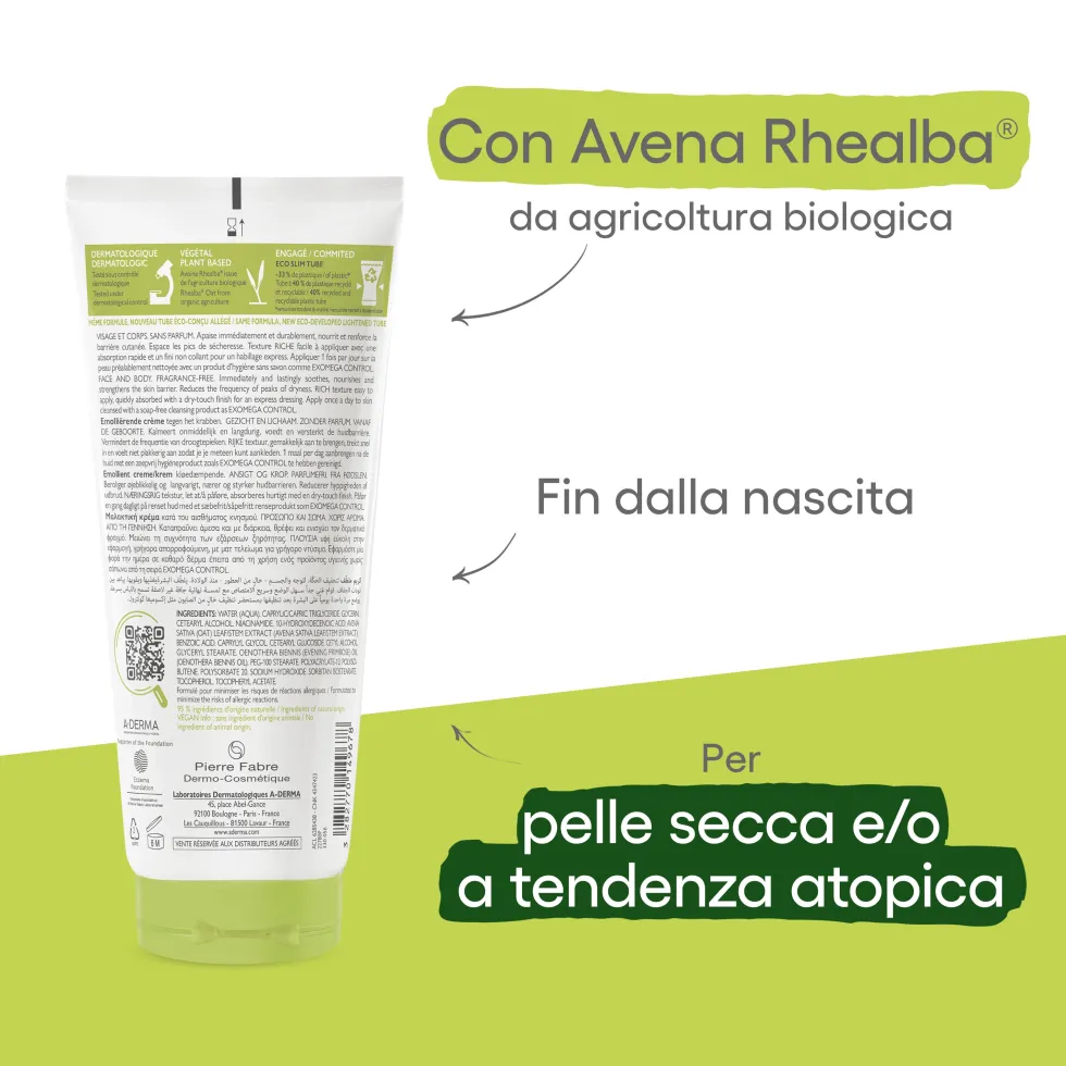 A-Derma Exomega Control - Crema Emolliente Anti-Grattage Pelle Secca e Atopica Prurito, 200ml