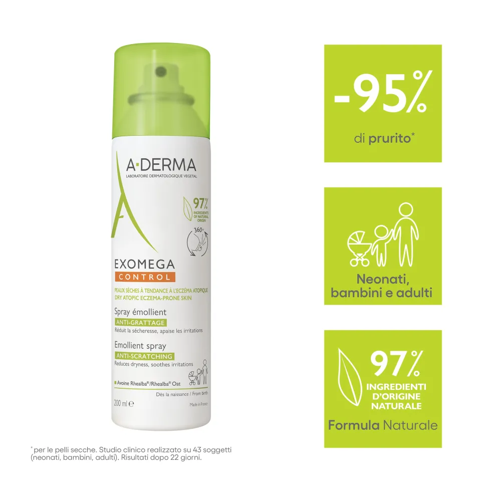 A-Derma Exomega Control - Spray Emolliente per Pelle Secca a Tendenza Atopica Prurito, 200ml
