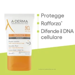 A-Derma Protect Pocket Fluido Invisibile SPF 50+ - Fluido solare per pelli sensibili, 30 ml