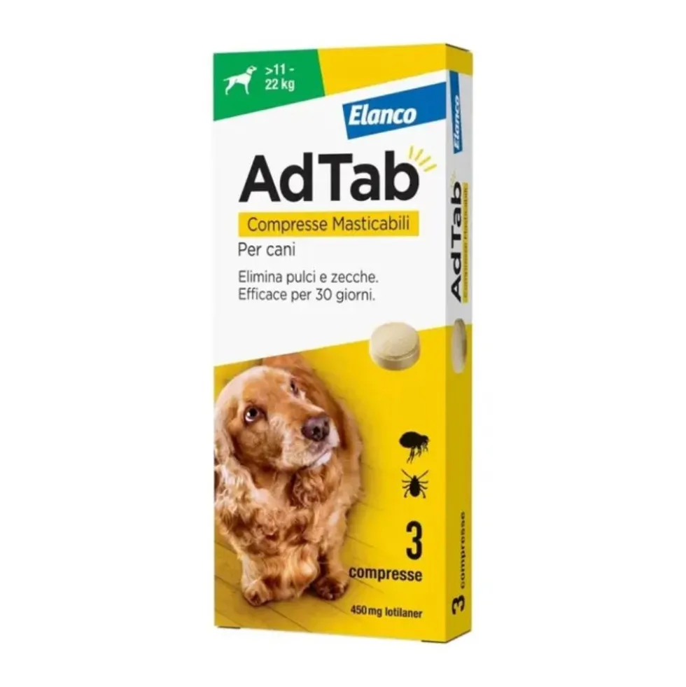 AdTab Lotilaner 450mg Antiparassitario per Cani 11-22kg, 3 compresse