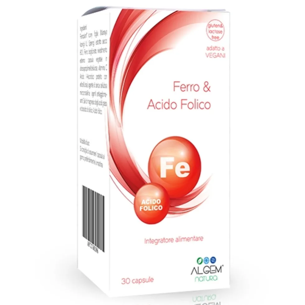 Algem Natura Ferro e Acido Folico - Integratore alimentare ferro contro la stanchezza, 30 capsule
