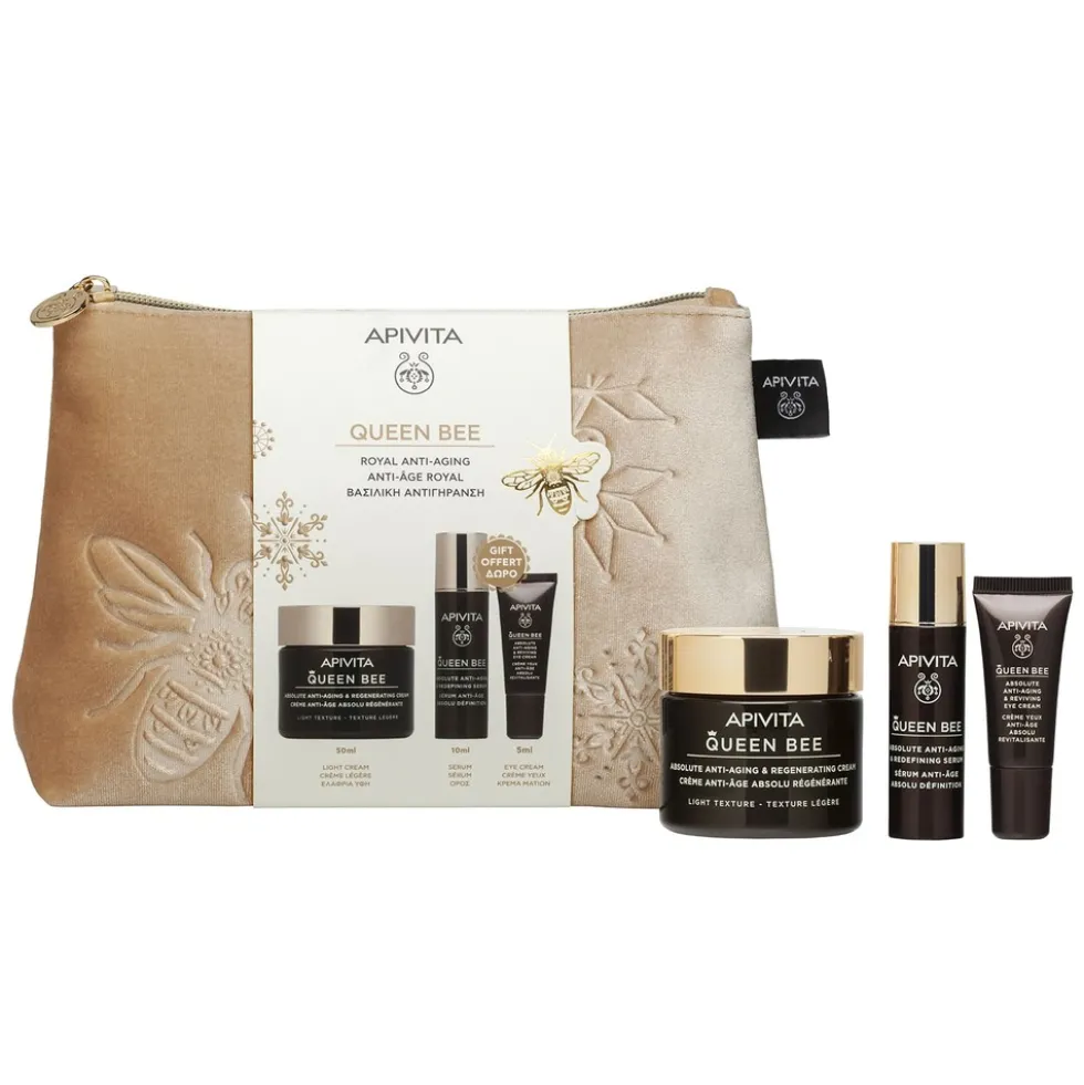 Apivita Queen Bee - Set regalo per il viso ad azione anti-età con crema a texture leggera, 3 pezzi
