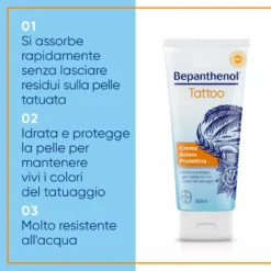 Bepanthenol Tattoo Crema Protezione Solare Molto Alta SPF50+ per Tatuaggio, 50ml