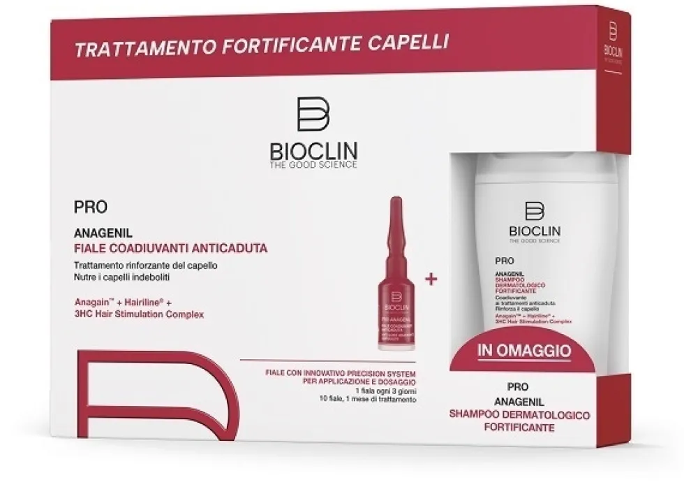 Bioclin Pro Anagenil - Kit per il trattamento anticaduta, 10 fiale da 4 ml e shampoo da 150 ml