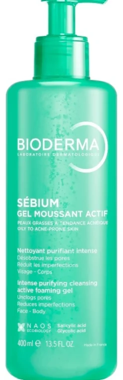 Bioderma Sébium Gel Moussant Actif - Gel detergente purificante per pelle grassa e acneica, 400 ml