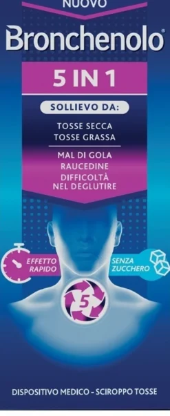 Bronchenolo 5 in 1 - Sciroppo per la tosse secca e grassa, la raucedine e il mal di gola, 120 ml