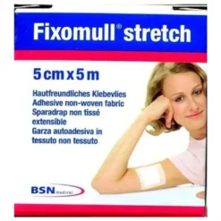 BSN Medical Fixomull Stretch - Garza autoadesiva per il fissaggio, 1 rotolo da 5 m x 5 cm