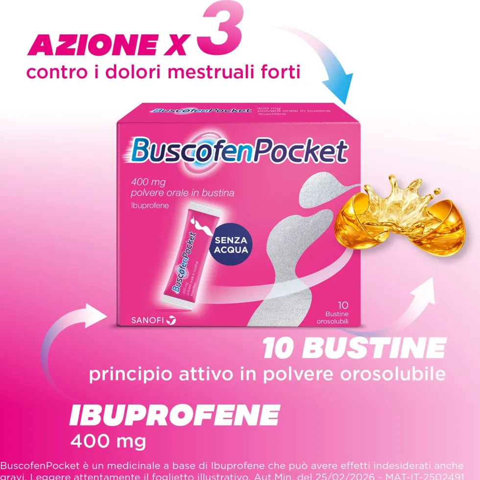 BuscofenPocket 10 Bustine Ibuprofene Contro Dolori Forti da Ciclo, 10 Bustine