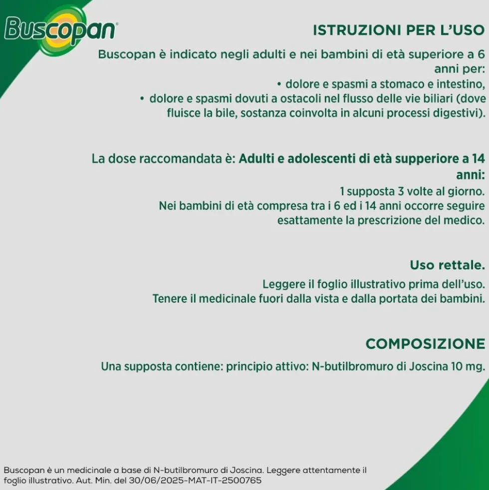 Buscopan contro Mal di Pancia Dolori e Crampi Addominali, 6 Supposte