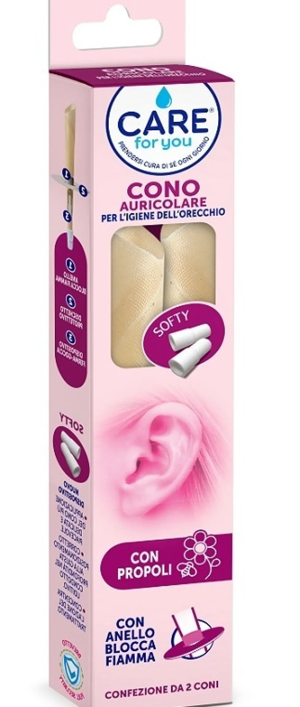 Care For You Coni Auricolari - Per l'igiene auricolare con propoli e anello blocca fiamma, 2 pezzi