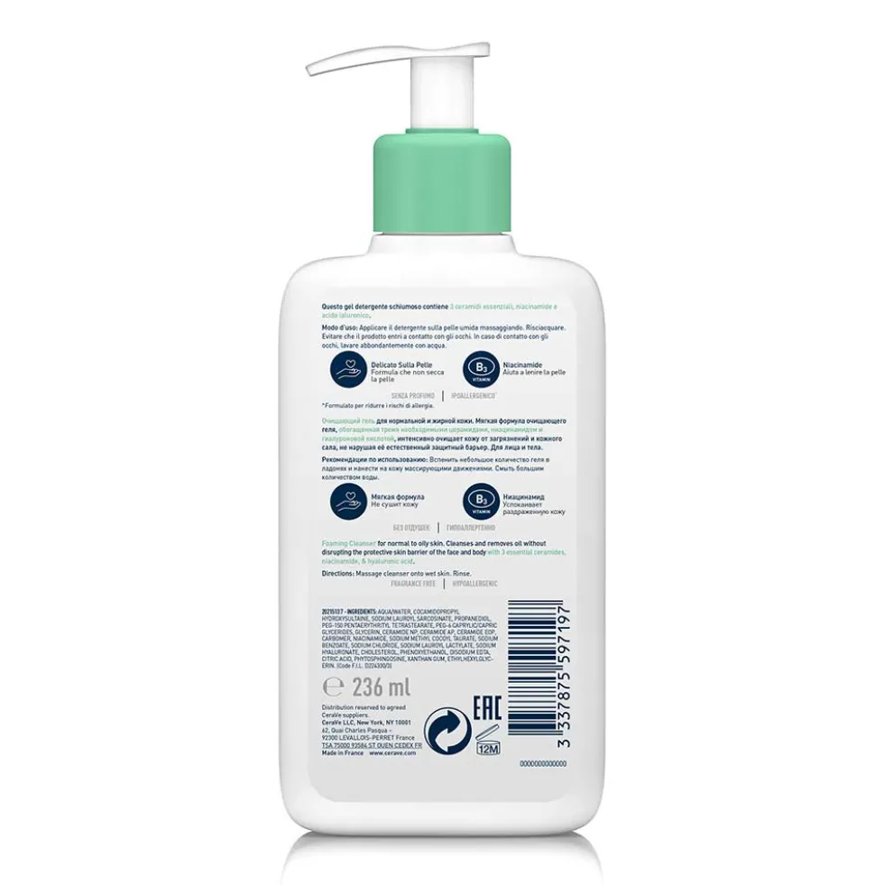 CeraVe Schiuma Detergente Viso Pelle Grassa Seboregolatrice, 236ml