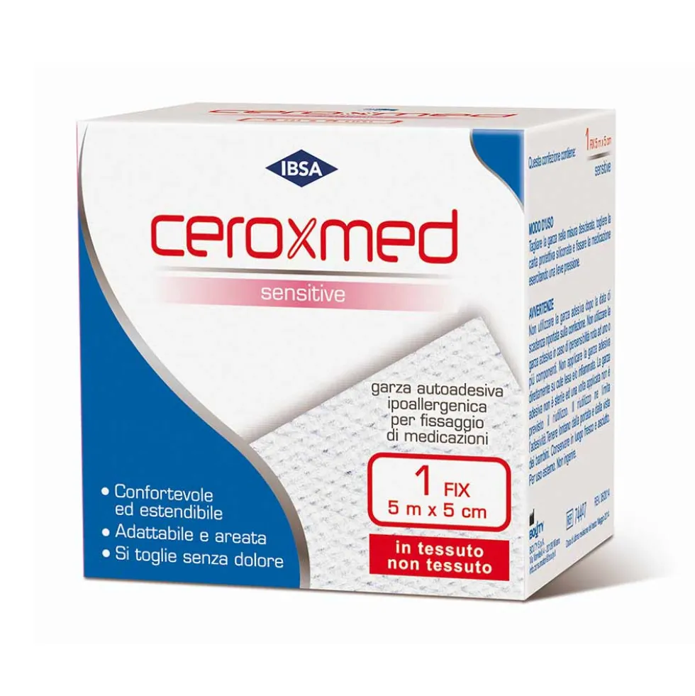 Ceroxmed Sensitive Fix - Garza autoadesiva per il fissaggio di medicazioni, 1 rotolo da 5 m x 5 cm