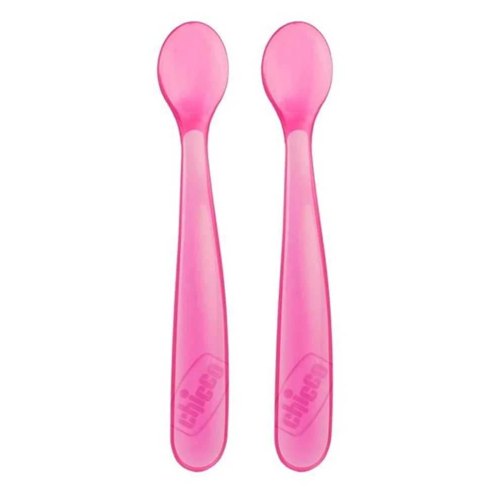 Chicco Cucchiaio in morbido silicone rosa 6m+ - Cucchiaio per iniziare lo svezzamento, 2 pezzi