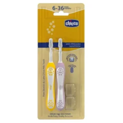 Chicco Spazzolino primi denti 6-36 mesi - Spazzolini per l'igiene orale, 2 pezzi rosa e giallo