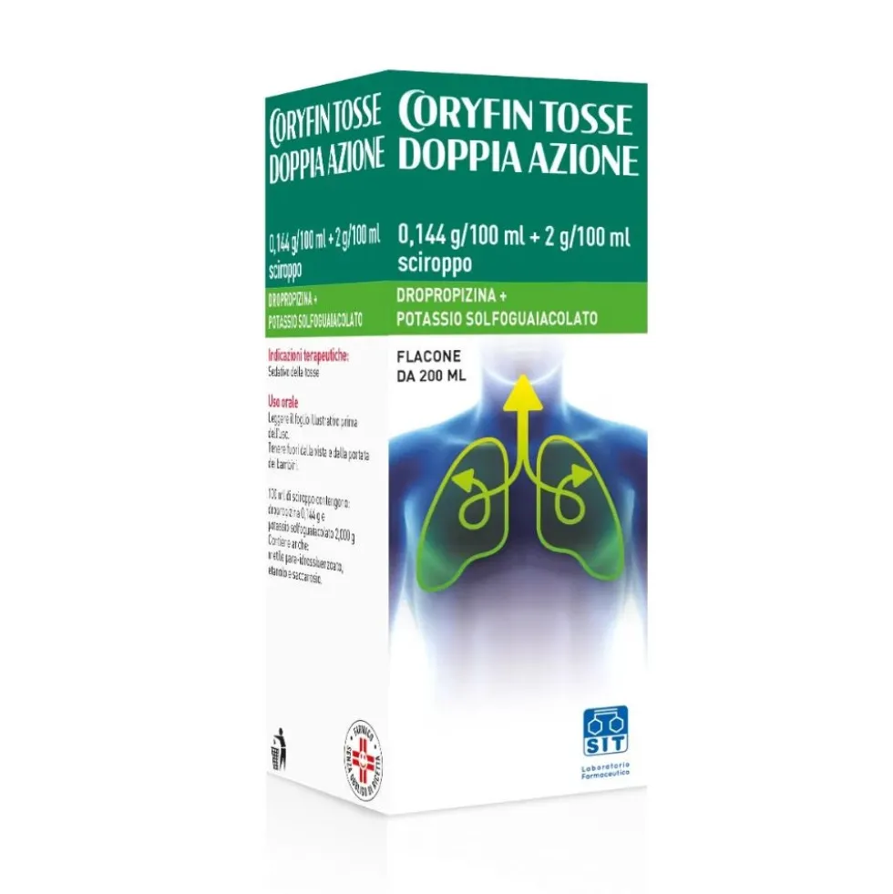 Coryfin Tosse Doppia Azione Dropropizina + Potassio Solfoguaiacolato 0,144g/100ml + 2g/100ml Sciroppo, 200ml