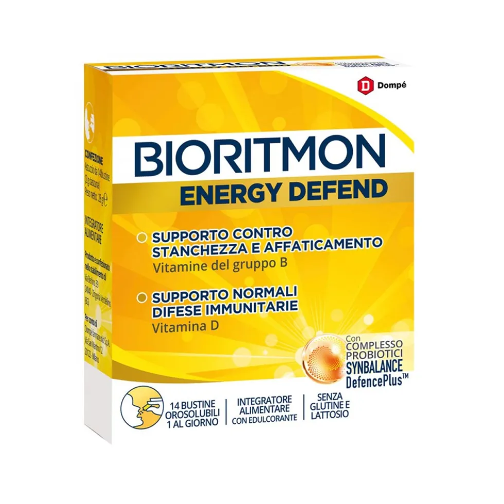 Dompé Bioritmon Energy Defend - Integratore per energia e difese immunitarie, 14 bustine da 2 g