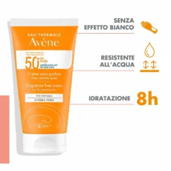 Eau Thermale Avène Crema Senza Profumo SPF 50+ Solare Viso per Pelli Sensibili e Secche, 50ml