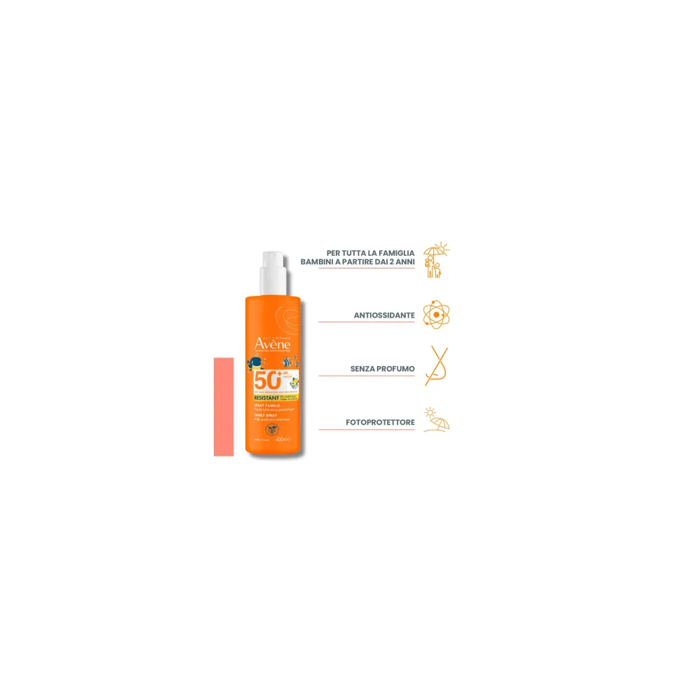 Eau Thermale Avène Spray Famiglia Protezione Molto Alta SPF50+ Solare per Pelle Sensibile, 400ml