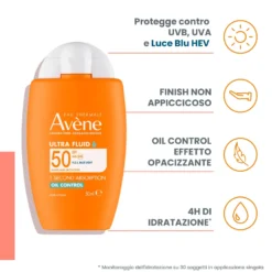 Eau Thermale Avène Ultra Fluid Oil Control Alta Protezione SPF50 Solare per Pelle Sensibile, 50ml