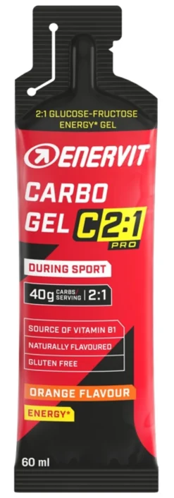 Enervit Carbo Gel C2:1PRO - Gel energetico all'arancia per sport di resistenza, busta da 60 ml