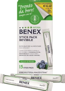 Erboristeria Magentina Natural Benex - Stick Pack Bevibile Integratore Microcircolo e Drenaggio dei Liquidi, 15 Stick Pack