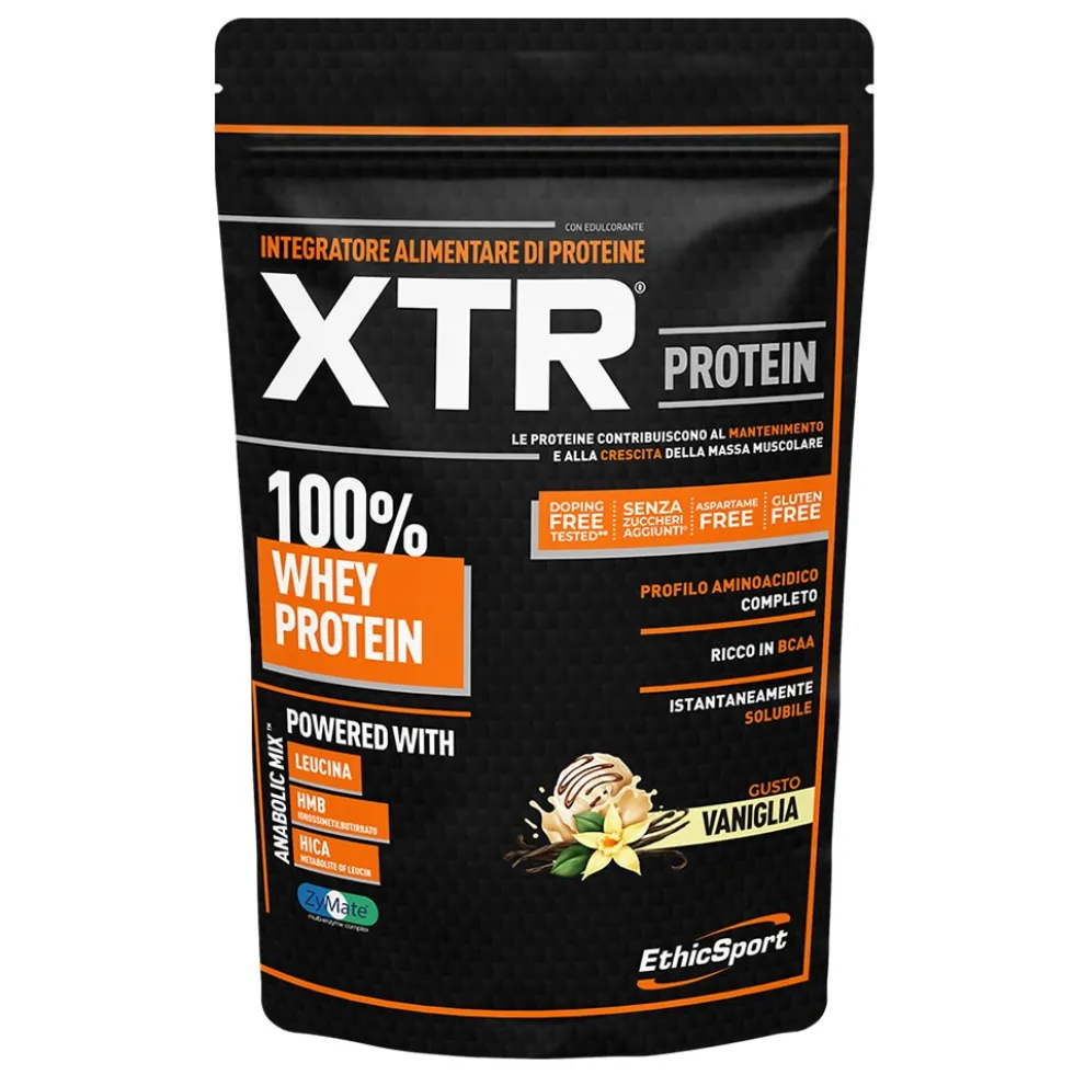 EthicSport Protein XTR Vaniglia - Integratore di proteine per la massa muscolare, busta da 900 g