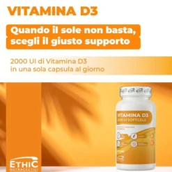 EthicSport Vitamina D3 2000 UI Integratore Ossa Muscoli e Difese Immunitarie, 60 Softgels
