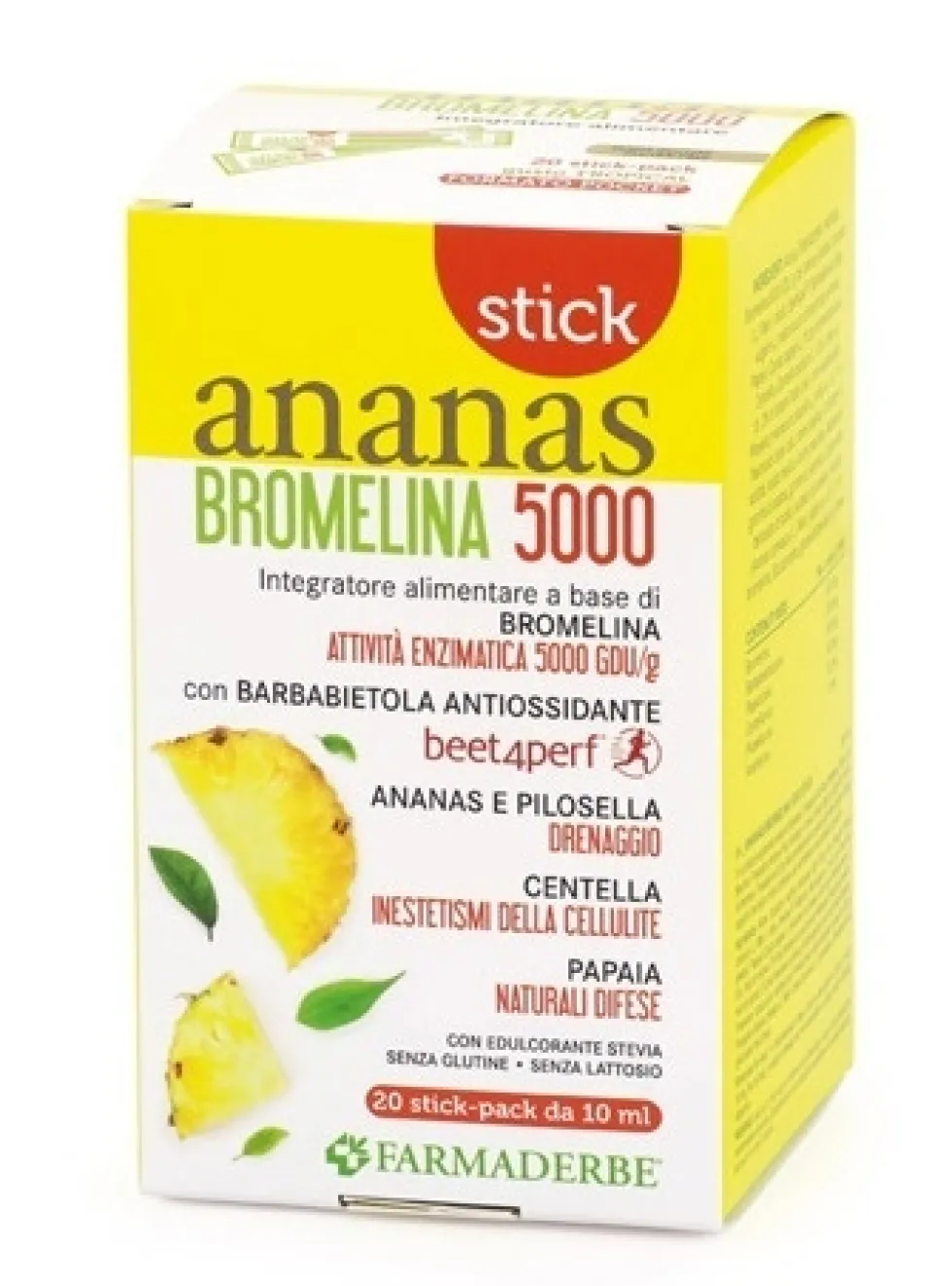 Farmaderbe Ananas Bromelina 5000 Integratore alimentare drenante e per il microcircolo, 20 stick