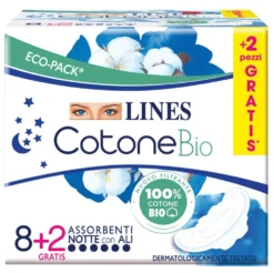 Fater Lines Cotone Bio Ultra Notte - Assorbenti notte con ali in cotone biologico, 10 pezzi