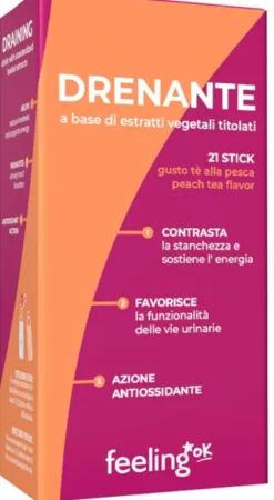 Feeling Ok Drenante Integratore per il drenaggio dei liquidi corporei gusto pesca, 21 stick