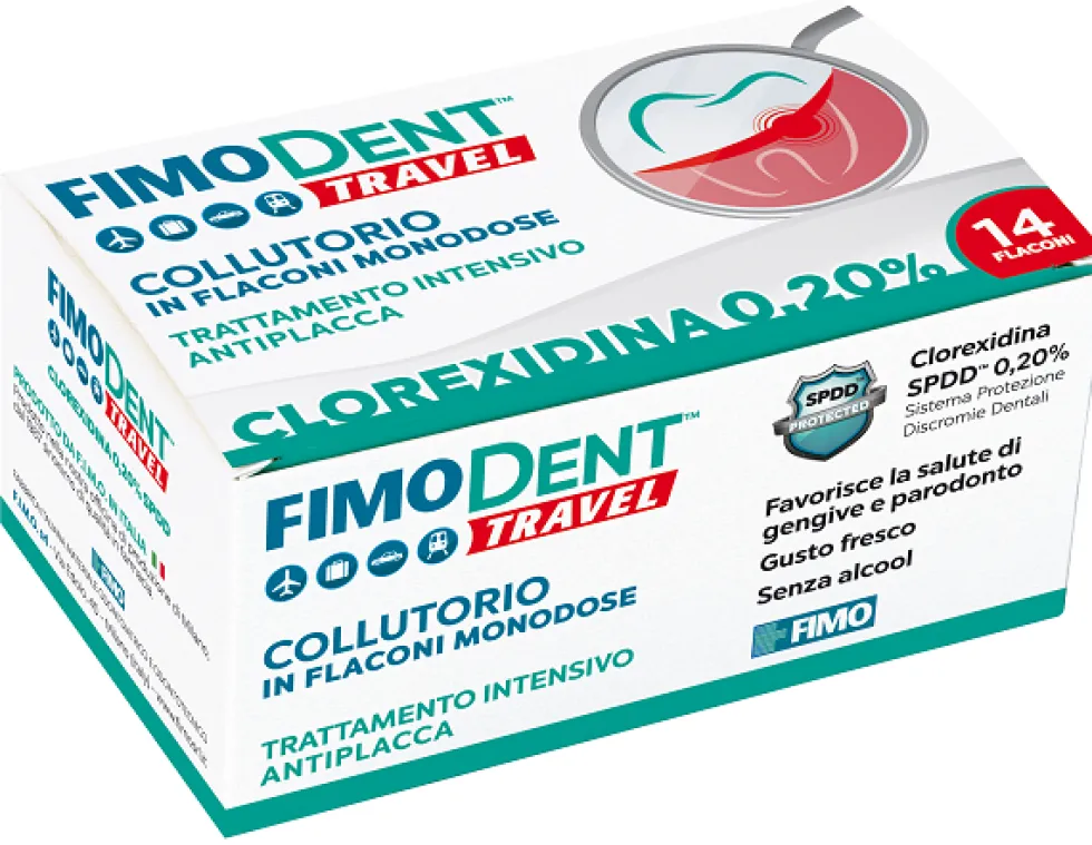 Fimo Fimodent Travel - Collutorio antiplacca con clorexidina 0,20%, 14 flaconi da 10 ml