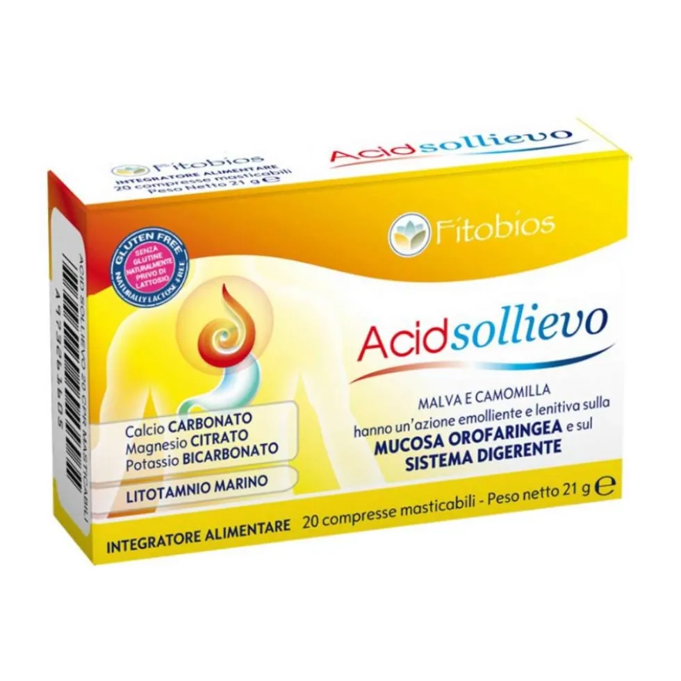 Fitobios Acid Sollievo - Integratore alimentare per il bruciore di stomaco, 20 compresse masticabili