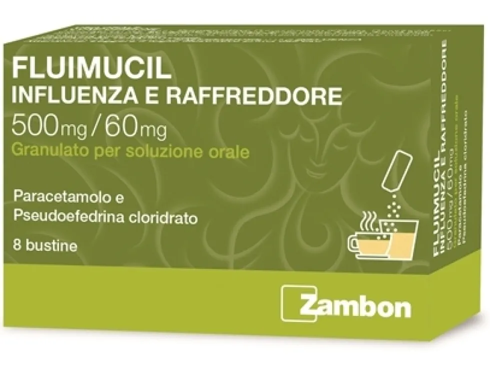 Fluimucil Influenza Raffreddore 500mg + 60mg Paracetamolo + Pseudoefedrina Cloridrato, 8 Bustine