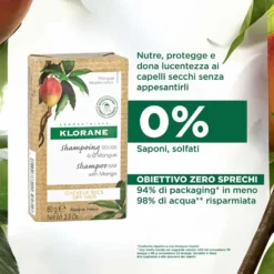 Klorane Burro di Mango - Shampoo Solido al Mango per Capelli Secchi, 80g