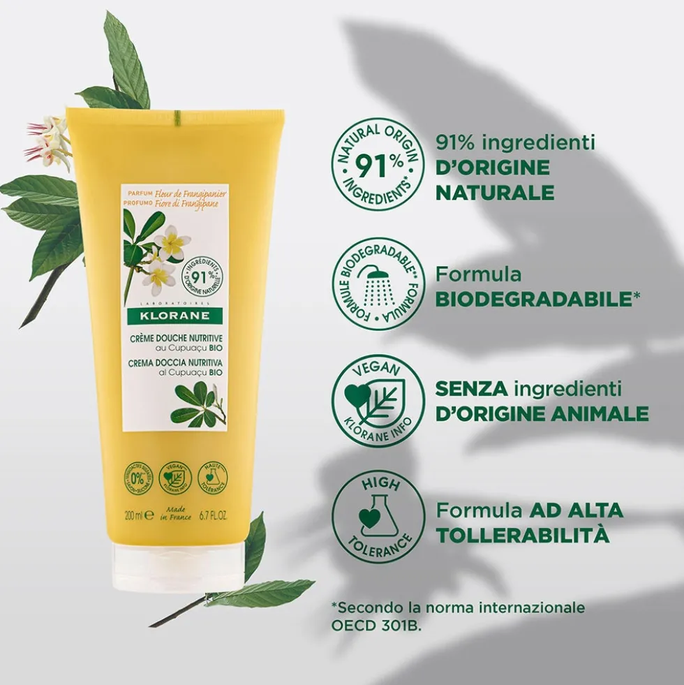 Klorane Fiore di Frangipane - Crema Doccia Nutritiva con Burro di Cupuacu, 200ml