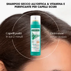 Klorane Ortica - Shampoo Secco all'Ortica e Vitamina E Purificante per Capelli Scuri, 150ml