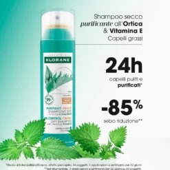 Klorane Ortica - Shampoo Secco all'Ortica e Vitamina E Purificante per Capelli Scuri, 150ml