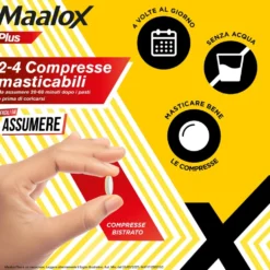 Maalox Plus 200mg + 200mg + 25mg Trattamento Iperacidità Bruciore e Dolore Gastro-Intestinale, 50 Compresse Masticabili