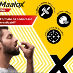 Maalox Plus 200mg + 200mg + 25mg Trattamento Iperacidità Bruciore e Dolore Gastro-Intestinale, 50 Compresse Masticabili
