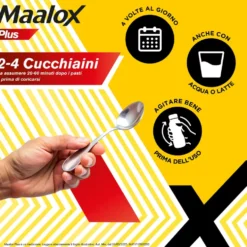 Maalox Plus 4% + 3,5% + 0,5% Sospensione Orale Aroma Limone Trattamento Iperacidità Bruciore e Dolore Gastro-Intestinale, 250ml