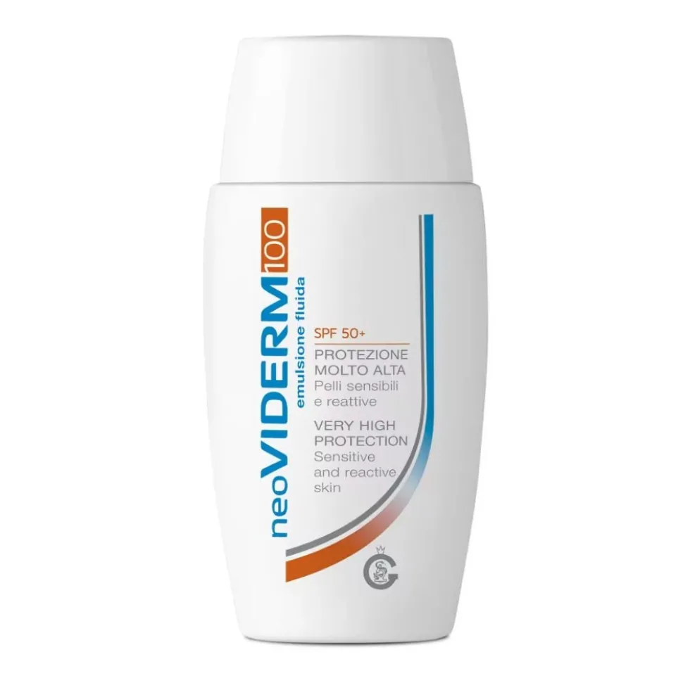 neoVIDERM 100 Emulsione Fluida SPF 50+ Protezione Molto Alta per Pelli Sensibili e Reattive con Scottature Solari Ustioni e Trattamenti Radioterapici, 50ml