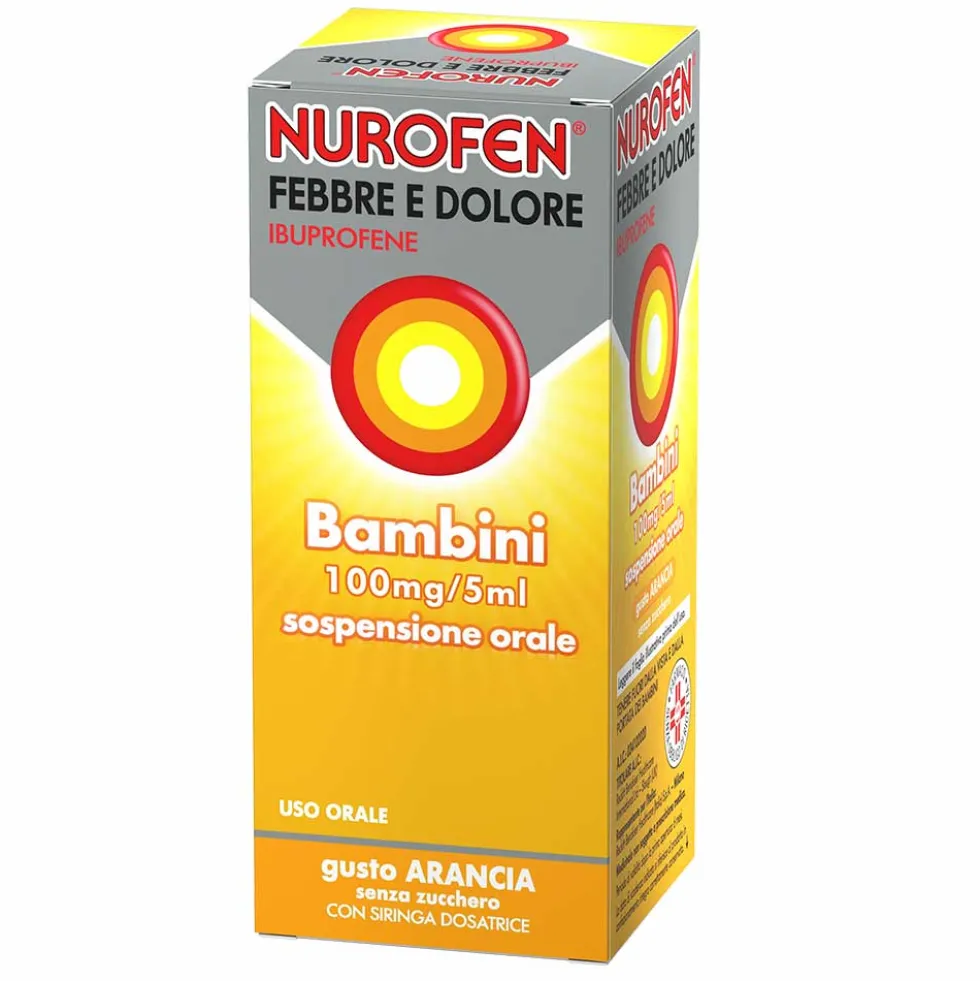 Nurofen Febbre e Dolore Bambini 100mg/5ml Sospensione Orale Gusto Arancia Senza Zucchero, 150ml