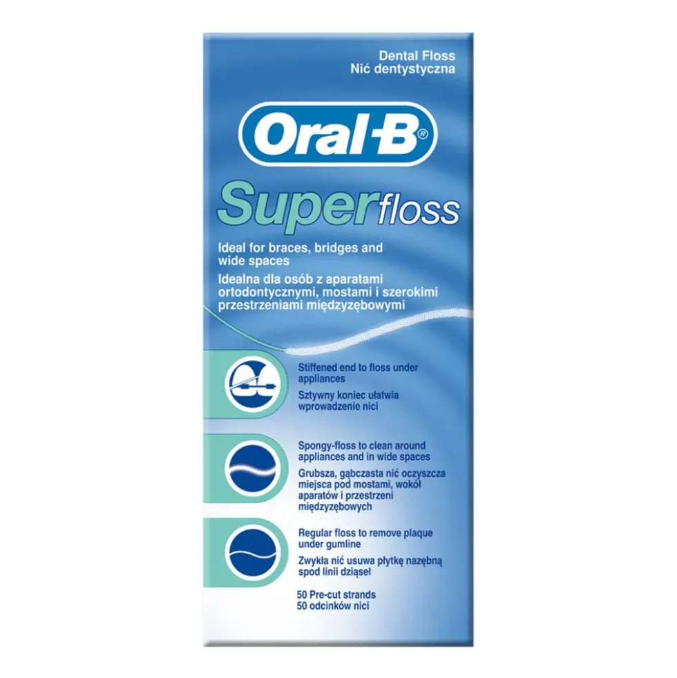 Oral-B Superfloss Filo Interdentale Ideale per Spazi Ampi, 50 Fili Pre-Tagliati
