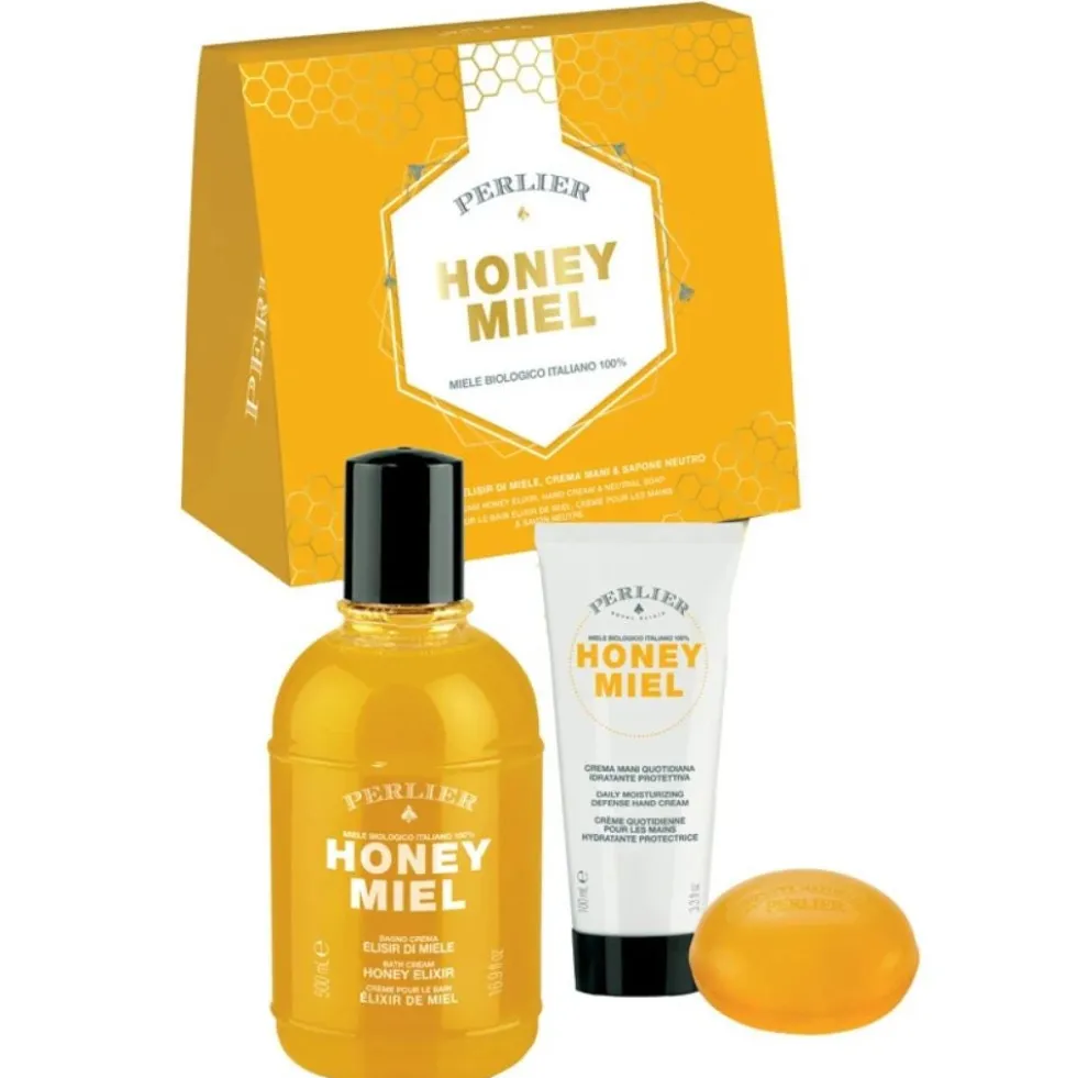 Perlier Honey Miel - Cofanetto regalo idratante con bagno crema, crema mani e sapone, 3 pezzi