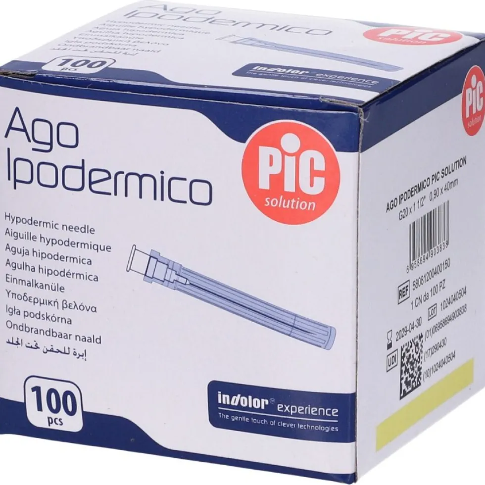 Pic Ago Ipodermico G20 1 1/2 - Ago ipodermico monouso sterile per iniezioni, 100 aghi